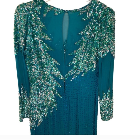 Vintage Landa Aqua Green Silk Sequin Beaded Long Evening Gown - Picture 3 of 9